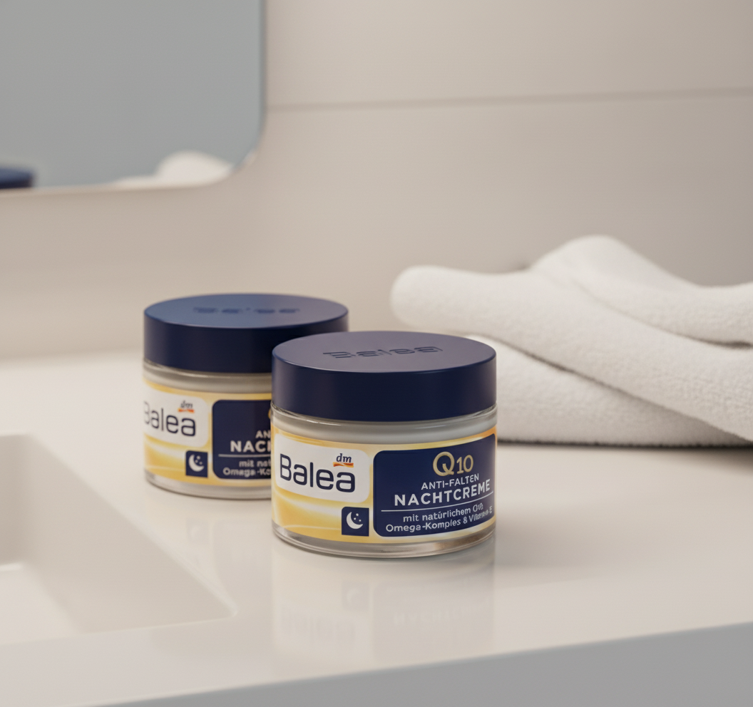 Balea Q10 Nachtcreme Set, zwei Verpackungen der Anti-Falten-Gesichtspflege mit Q10, Nachtpflege