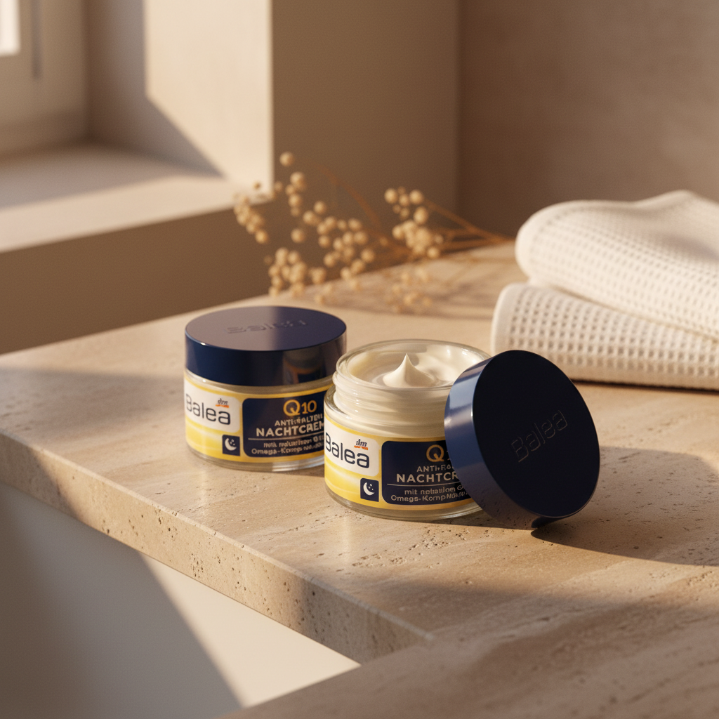 Balea Q10 Anti-Falten Nachtcreme, Verpackung mit Hinweis auf Q10- und Omega-Komplex in Großaufnahme