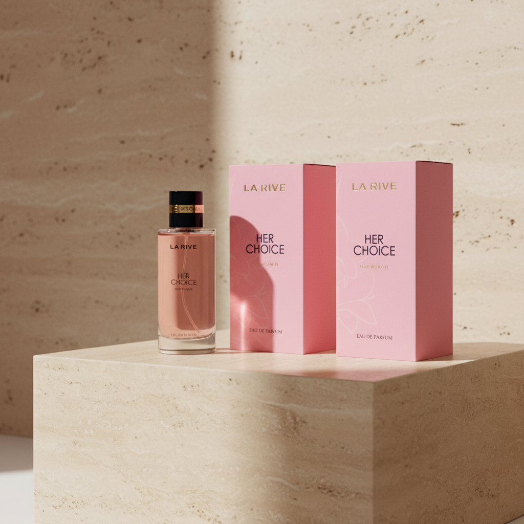 La Rive Her Choice Eau de Parfum, rosa Verpackung und Flakon des femininen Damendufts in Großaufnahme