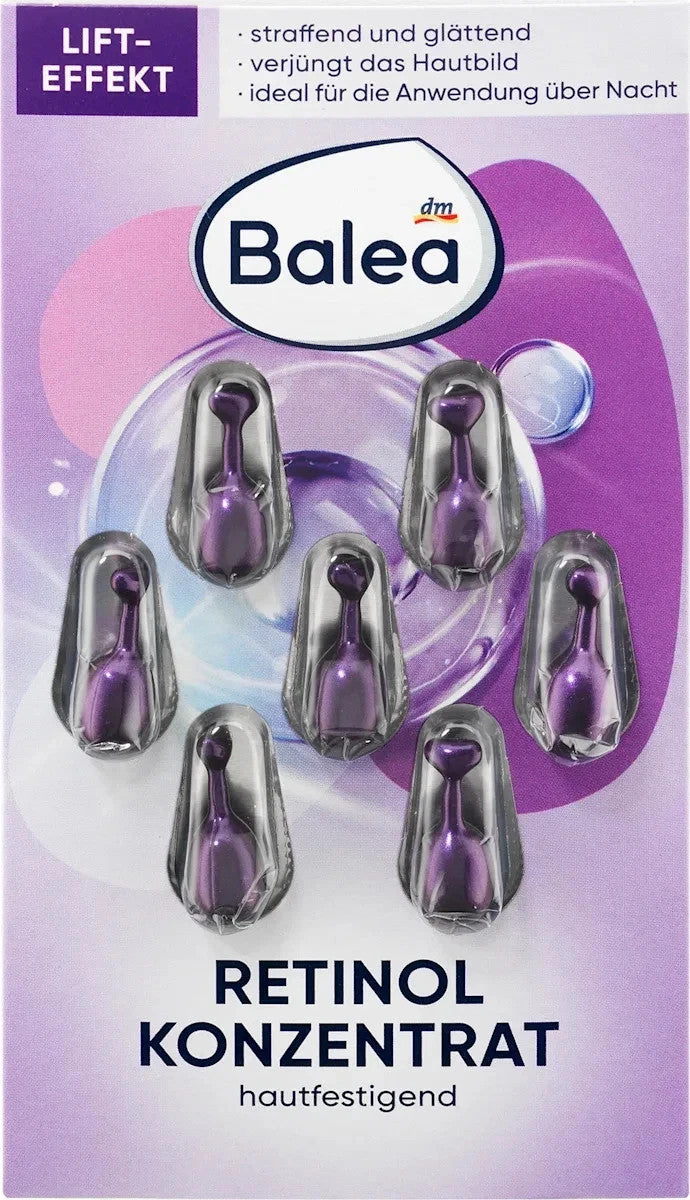 Balea Retinol Konzentrat Verpackung, Anti-Falten Serum mit Retinol und Bakuchiol in Großaufnahme