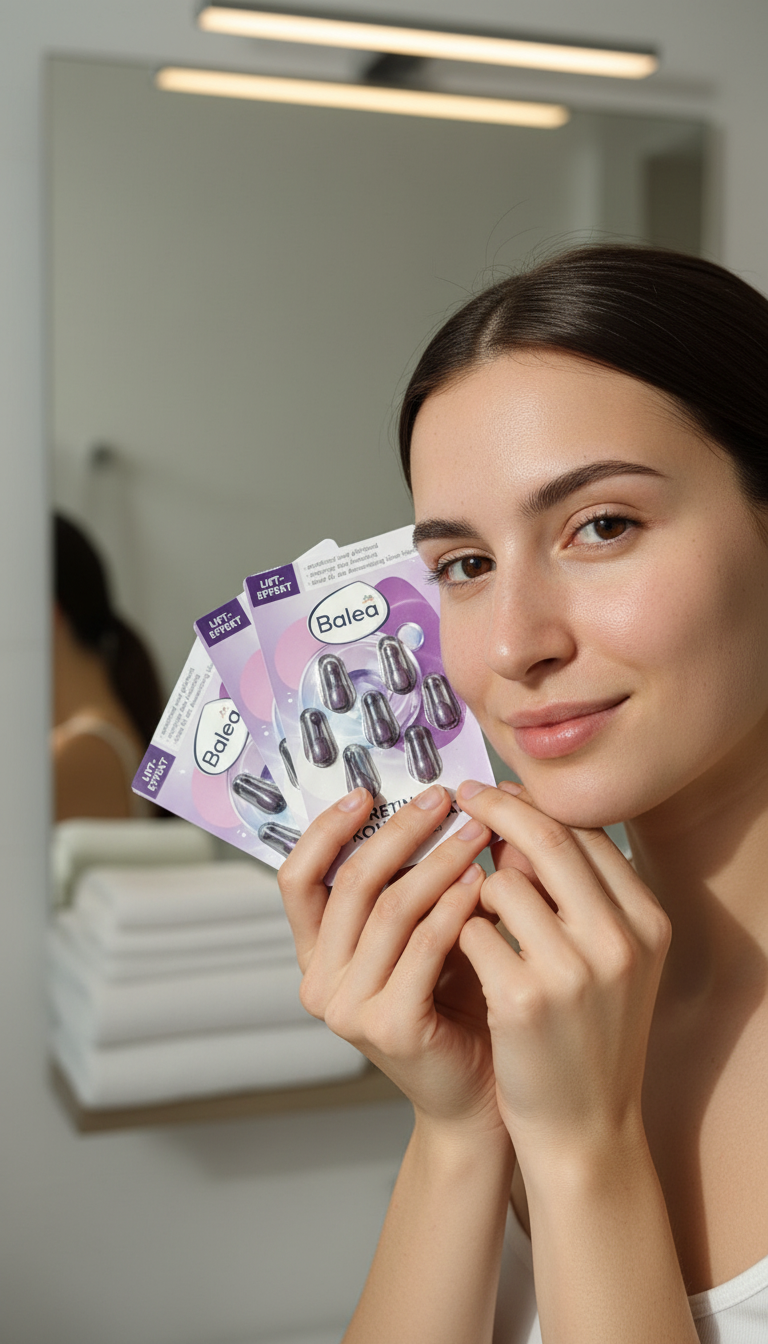 Balea Retinol Konzentrat Anti-Falten Serum, drei Packungen mit je 7 Kapseln vor hellem Hintergrund