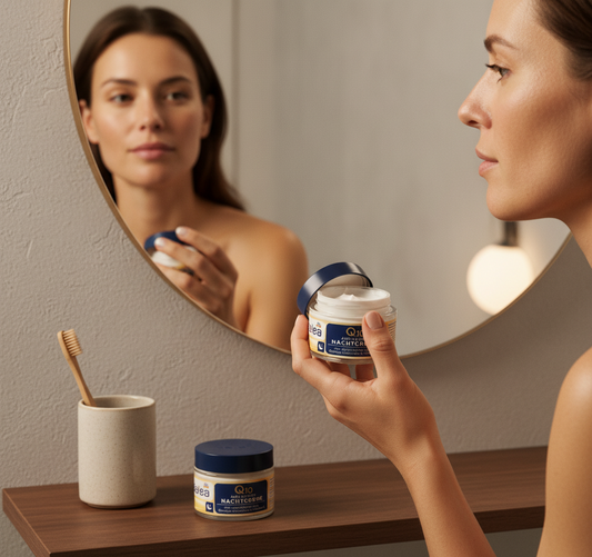 Balea Q10 Anti-Falten Nachtcreme, zwei 50-ml-Einheiten mit Verpackung vor hellem Hintergrund, Gesichtspflege