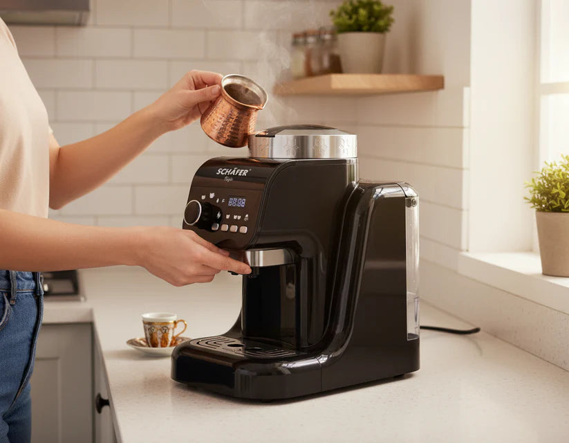 Schäfer Türkische Kaffeemaschine in schwarzem Design bei der Zubereitung von türkischem Kaffee