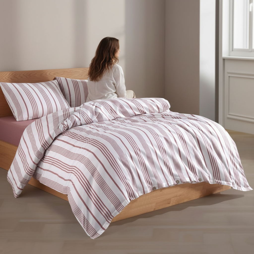 Bettwäsche Set Weiß Rosa Gestreift aus 100% Baumwolle Ranforce mit Spannbettlaken