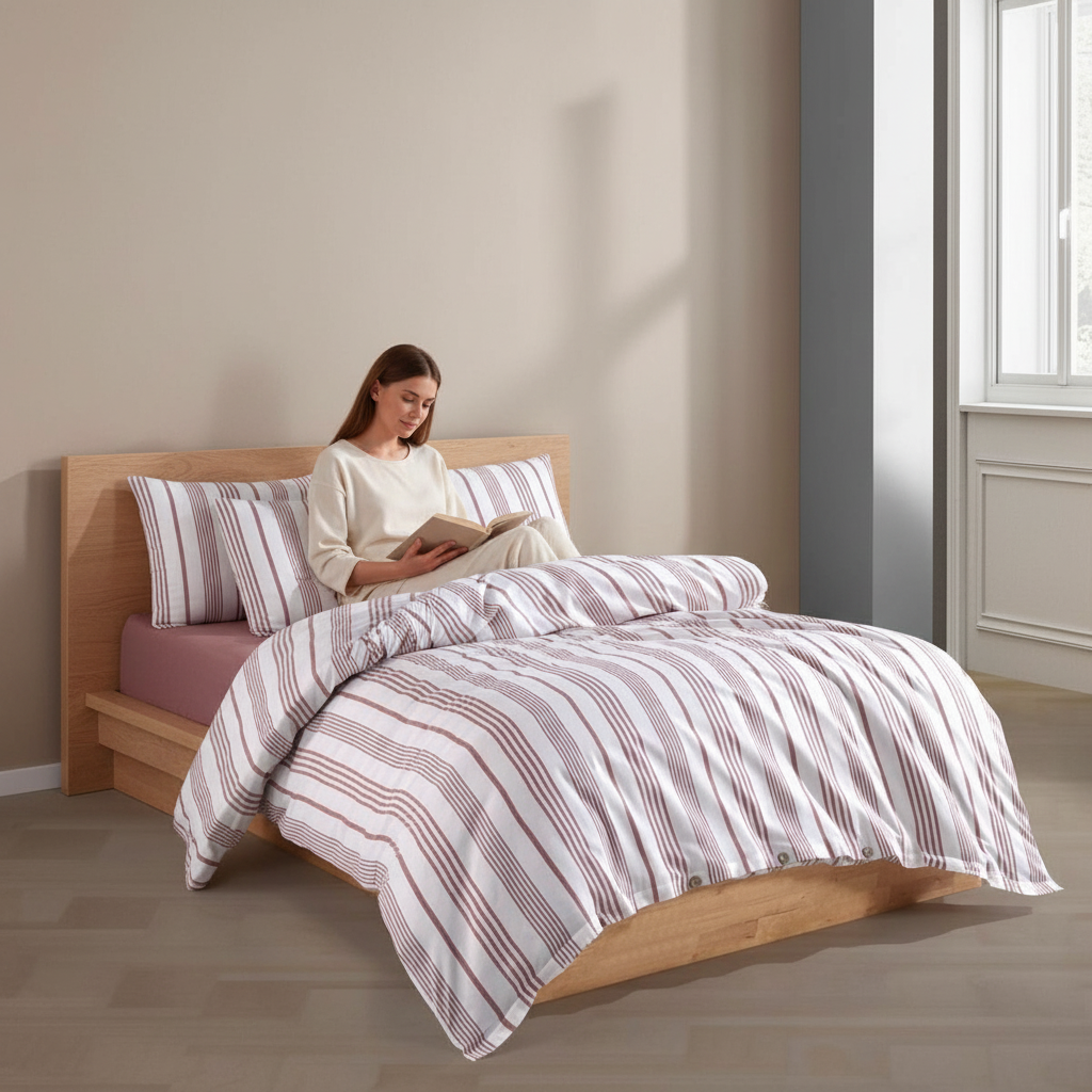 Bettwäsche Set Weiß Rosa Gestreift aus 100% Baumwolle Ranforce mit Spannbettlaken