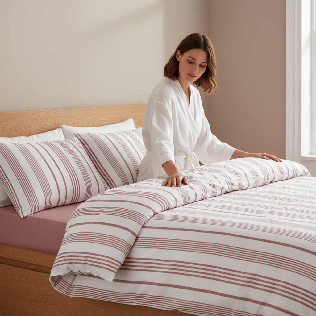 Bettwäsche Set Weiß Rosa Gestreift aus 100% Baumwolle Ranforce mit Spannbettlaken