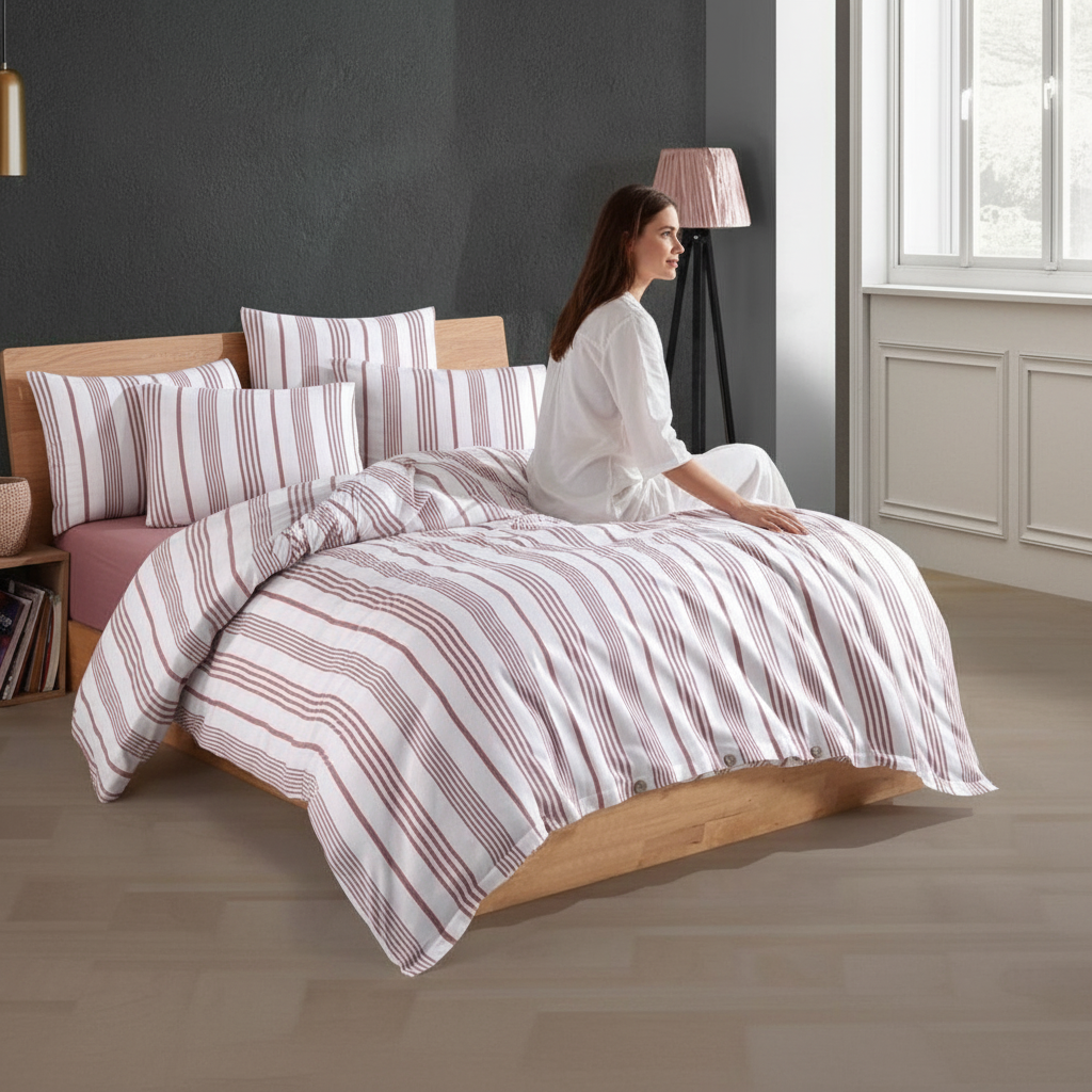 Bettwäsche Set Weiß Rosa Gestreift aus 100% Baumwolle Ranforce mit Spannbettlaken