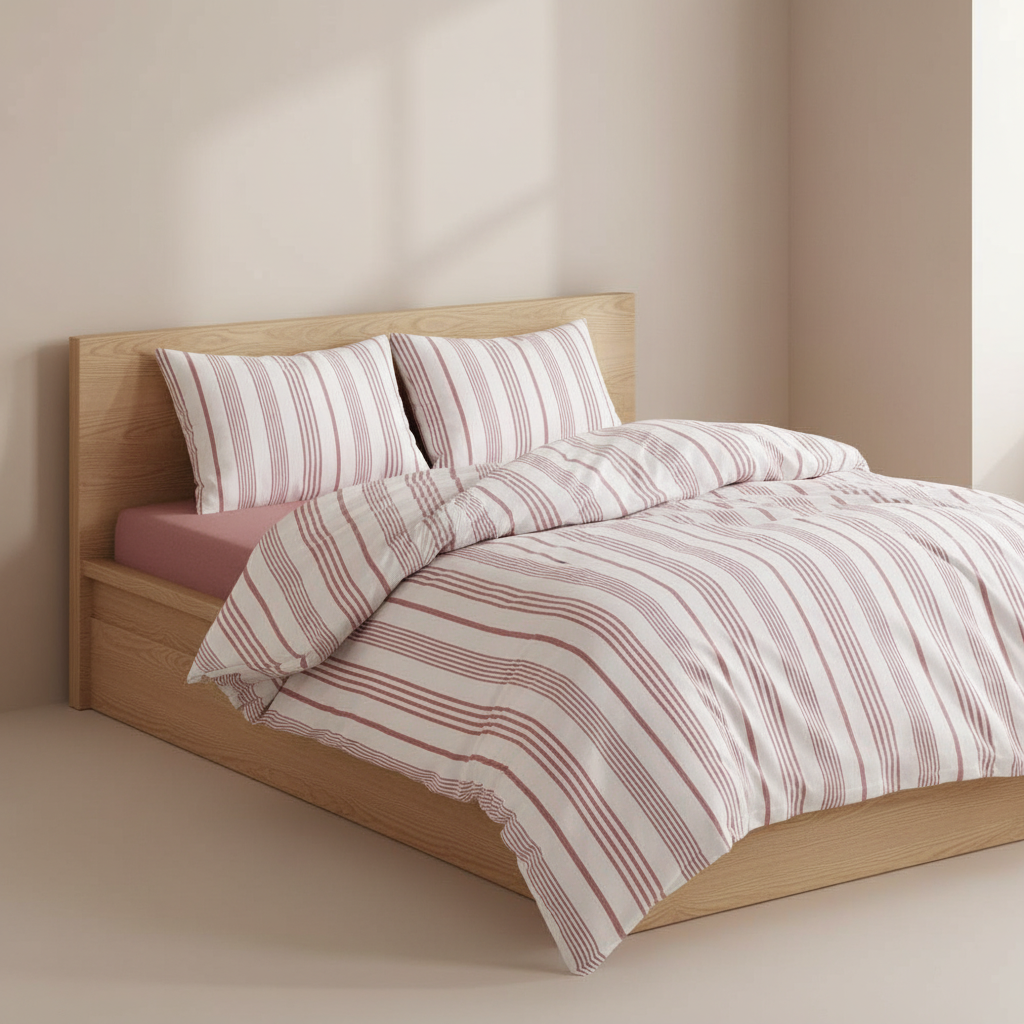 Bettwäsche Set Weiß Rosa Gestreift aus 100% Baumwolle Ranforce mit Spannbettlaken