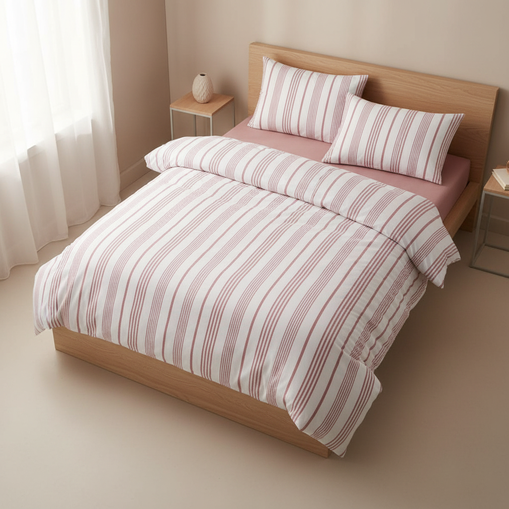 Bettwäsche Set Weiß Rosa Gestreift aus 100% Baumwolle Ranforce mit Spannbettlaken